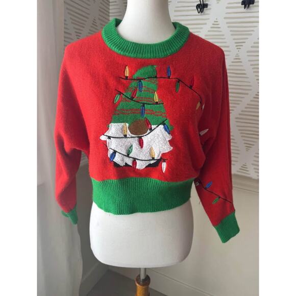 Merry Christmas by Poof Women’s Small Gnome Crop Ugly Christmas Sweater - Picture 1 of 5